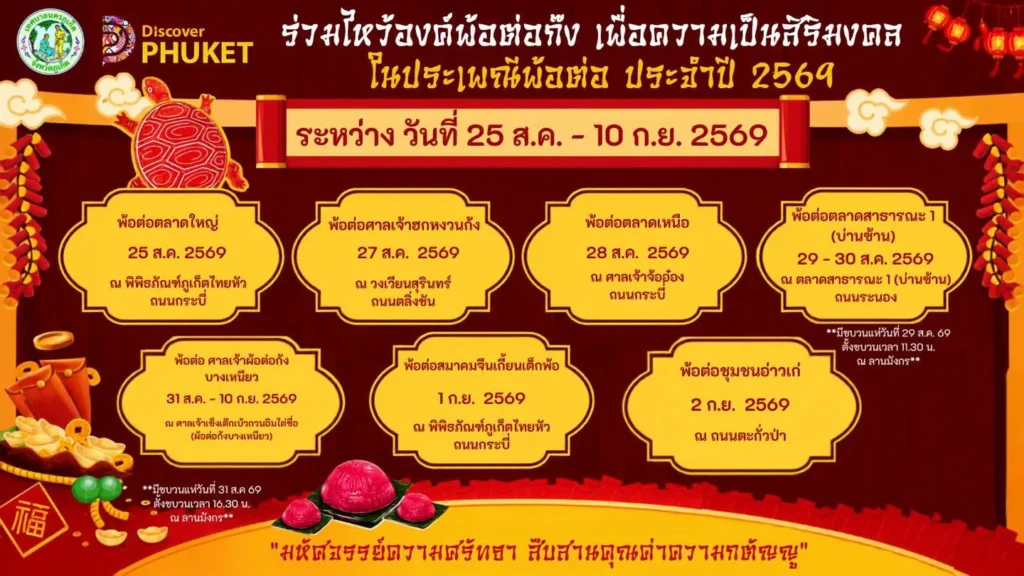 เทศกาลพ้อต่อภูเก็ต 2569 เริ่ม 25 ส.ค. – 10 ก.ย. ชมขนมเต่าแดง สืบสานประเพณีเก่าแก่ของชาวไทยเชื้อสายจีน